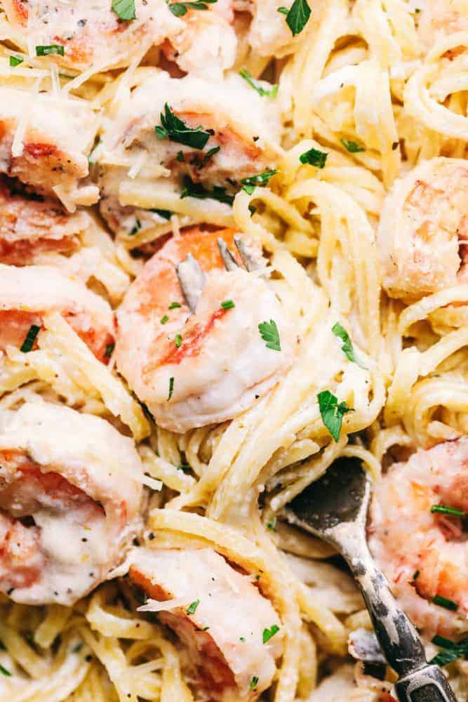 Creamy Garlic Shrimp Alfredo Pastaย is such a classic meal that is brought to its BEST with Shrimp. This meal takes little effort and is so creamy and delicious the entire family will go crazy for!ย Up close photo of creamy garlic shrimp Alfredo pasta with a fork full of shrimp and pasta.