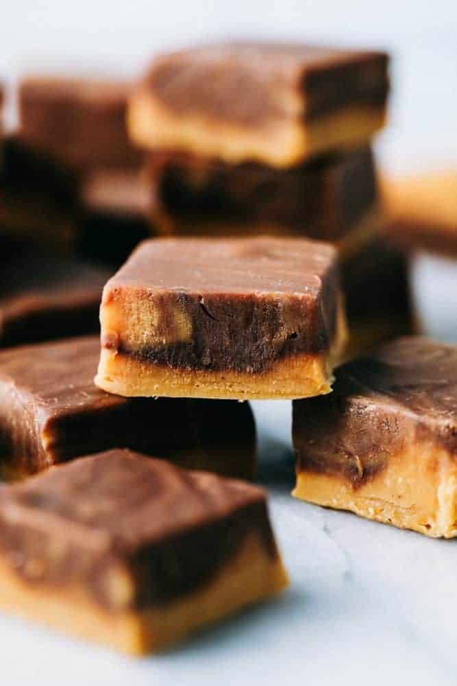 Peanut Butter Chocolate Fudge is an awesome take on the best dynamic duo out there! You cant go wrong with Peanut Butter and Chocolate! Peanut butter chocolate fudge stacked on top of each other.