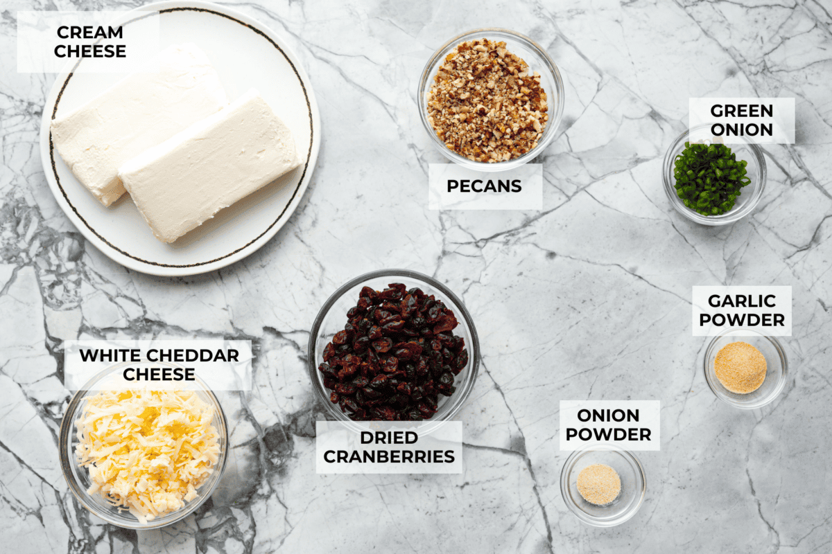 This festive cranberry pecan cheese ball is an easy appetizer for the holiday season! Everyone will love this creamy cheese ball loaded with delicious texture from the dried cranberries and pecans. Serve this impressive appetizer with crackers and enjoy! Ingredients labeled and pictured to make cranberry pecan cheese ball.
