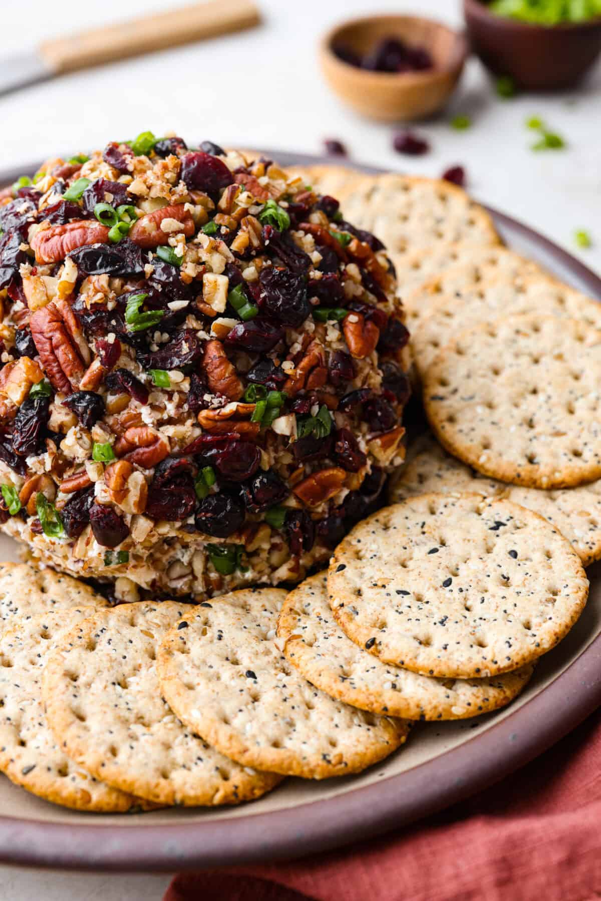 This festive cranberry pecan cheese ball is an easy appetizer for the holiday season! Everyone will love this creamy cheese ball loaded with delicious texture from the dried cranberries and pecans. Serve this impressive appetizer with crackers and enjoy! Close view of the cranberry pecan cheese ball on a platter surrounded by crackers.