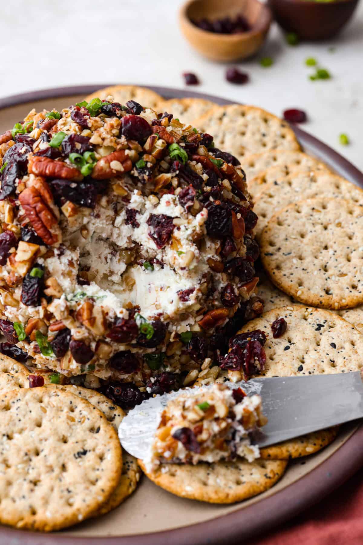 This festive cranberry pecan cheese ball is an easy appetizer for the holiday season! Everyone will love this creamy cheese ball loaded with delicious texture from the dried cranberries and pecans. Serve this impressive appetizer with crackers and enjoy! Close view of a cranberry pecan cheese ball on a platter with crackers and a knife.