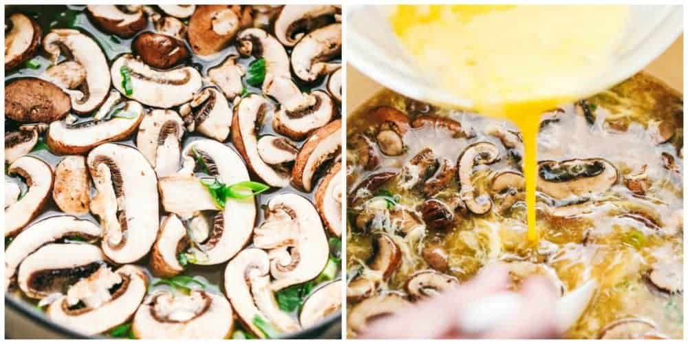 Egg Drop Soupย is a warm,ย thickened broth, with rich flavors of chicken andย beautiful eggย ribbons throughout.ย Enjoy this savory, simple to make soup recipe that comes together in just 15 minutes. Close up on steps to make egg drop soup.