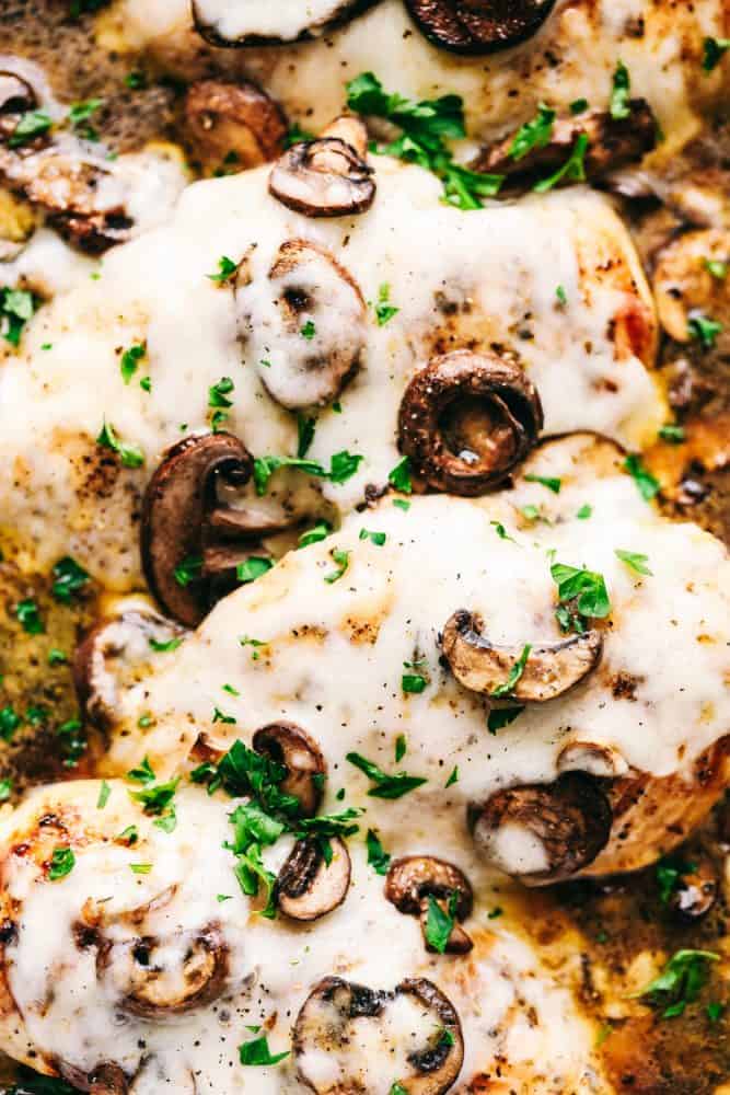Easyย Baked Cheesy Mushroom Chickenย has a melted cheese covering the tender chicken breast with flavorful mushroomsย and mushroom sauce to enhance every bite. The cheese melts and blend the chicken and mushroom flavors together making a meal that isย unforgettable.ย Preparingย this meal is a breeze and givesย you more time to spend with your family!ย Close up on Easyย Baked Cheesy Mushroom Chicken.