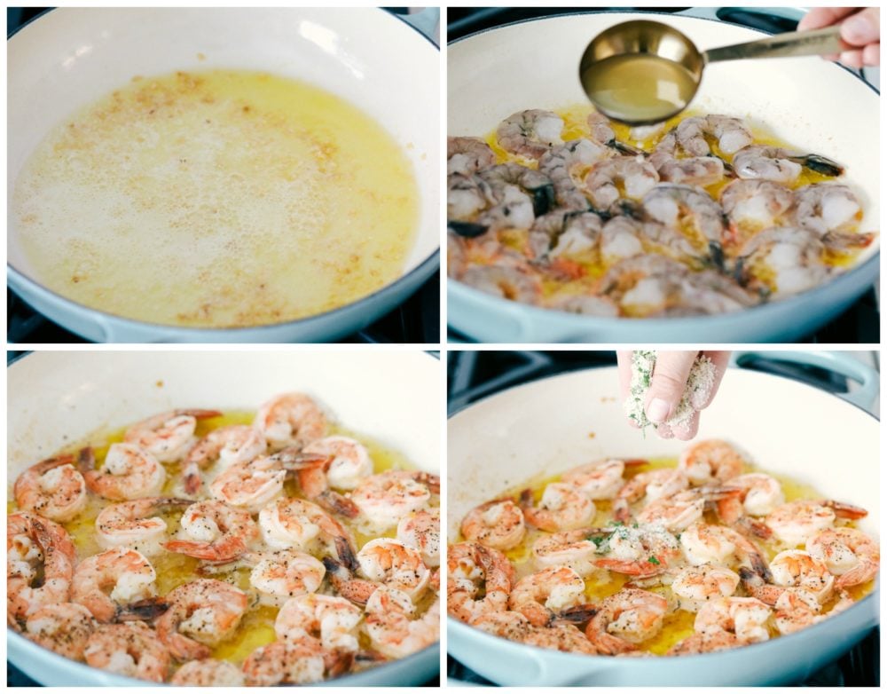 This Lemon Garlic Shrimp Scampi Recipe is a delicious 30 minute meal that cooks in a buttery, lemon garlic sauce and is breaded with a parmesan bread crumb topping. Combined, this meal is irresistible! A true restaurant quality meal right at home! The process of making lemon garlic shrimp in a skillet.