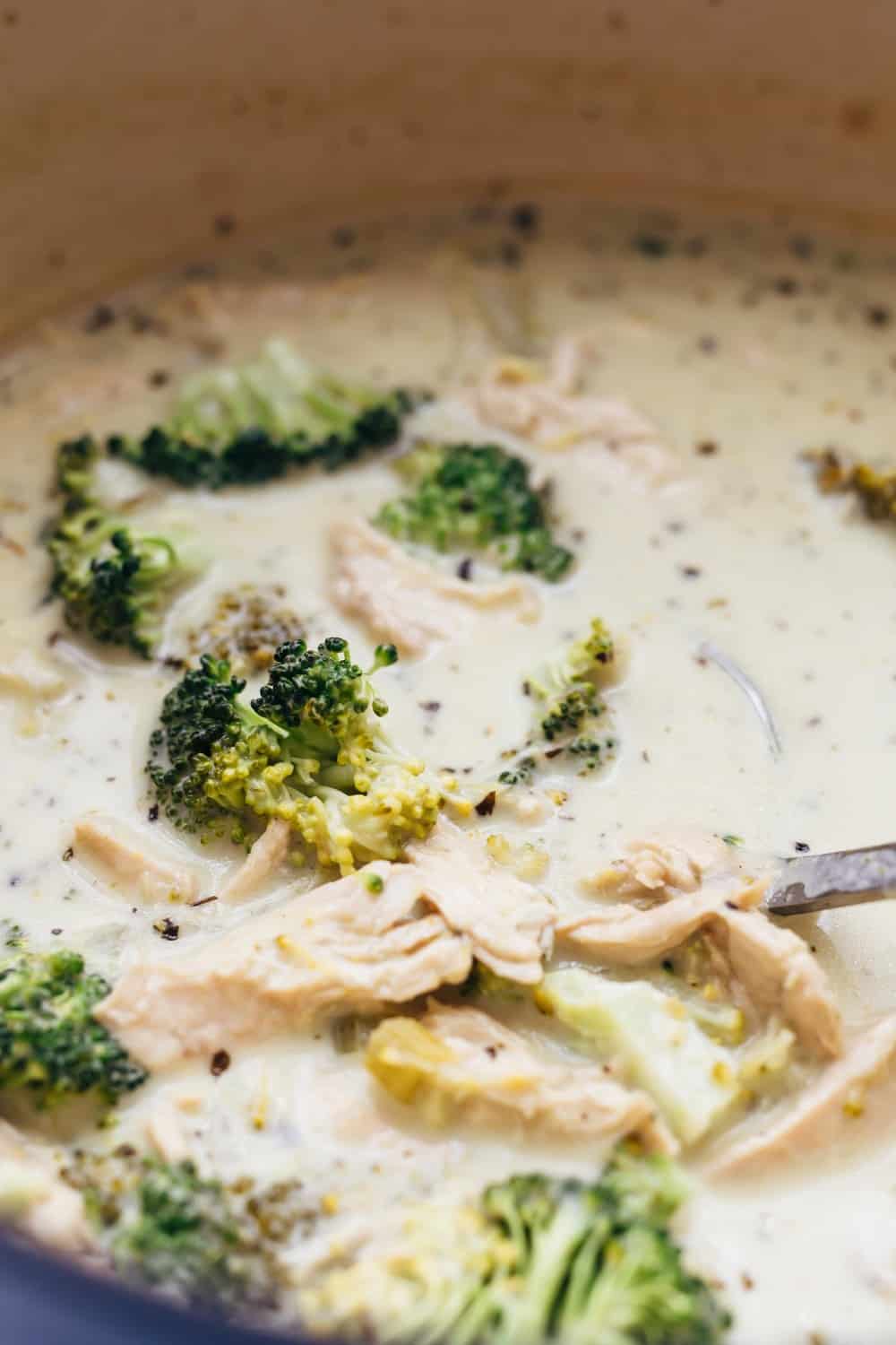 Creamy Chicken Broccoli Soup is a hearty soup that's perfect when you want something warm and comforting. Bite sized pieces of broccoli and shredded chicken are simmered in a broth flavoured with onions, celery and dried herbs. It's thick and creamy, and only takes 30 minutes to make. Creamy chicken broccoli soup closeup