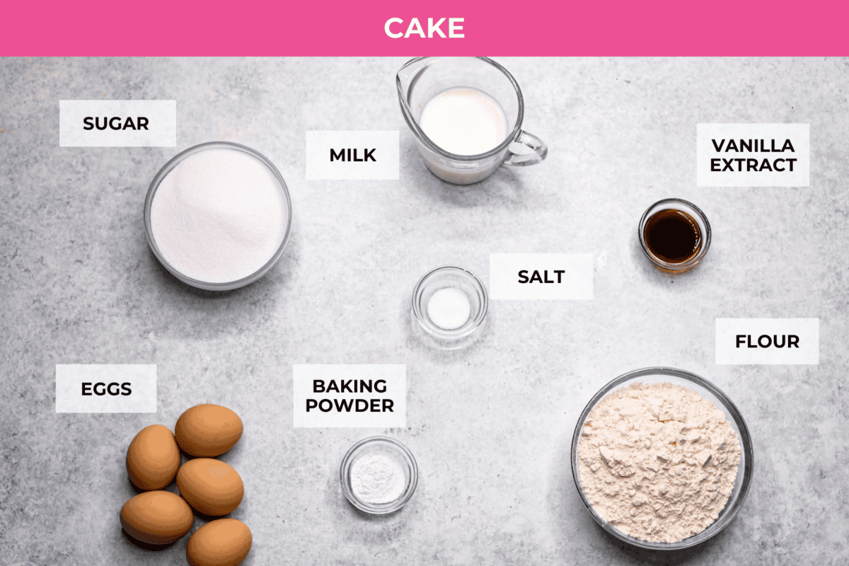 This tender Tres Leches cake is drenched in a three-milk mixture and is topped with fluffy whipped cream, cinnamon, or fresh fruit for a truly authentic Mexican dessert. Overhead shot of labeled cake ingredients.