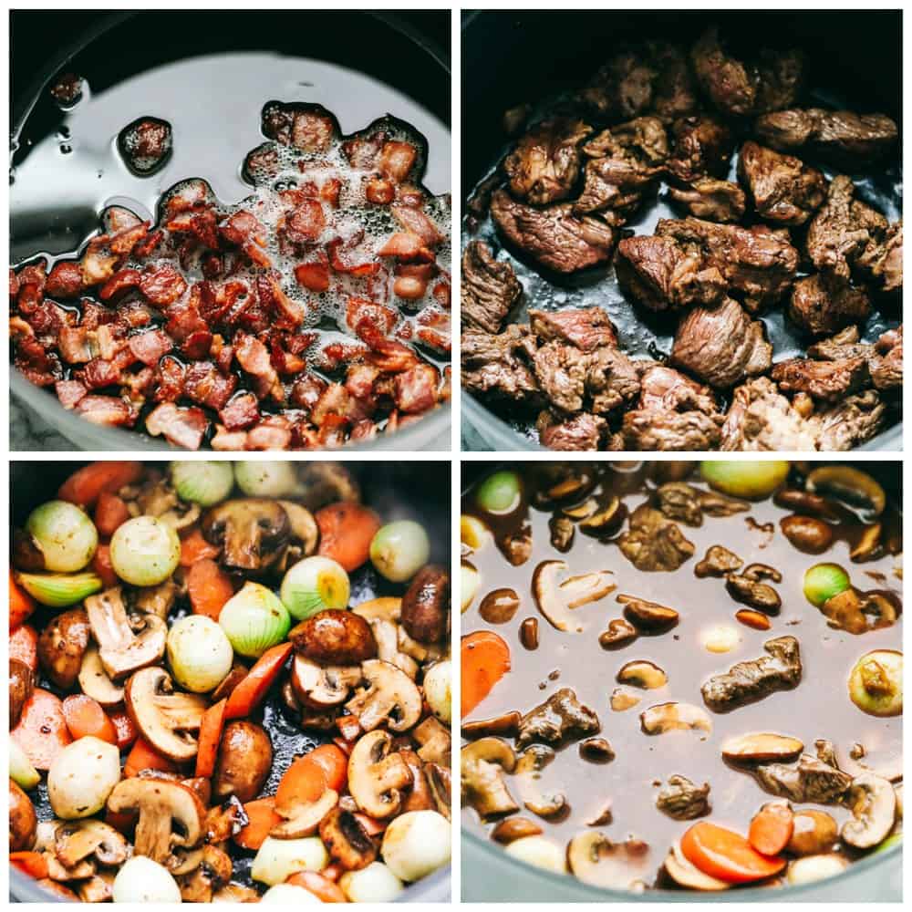Beef Bourguignon is a French classic made with melt in your mouth beef, mushrooms, carrots, and red wine and is cooked to perfection in the most delicious rich sauce. A hearty and comforting meal that you will make again and again!ย Steps to make Beef Bourguignon.