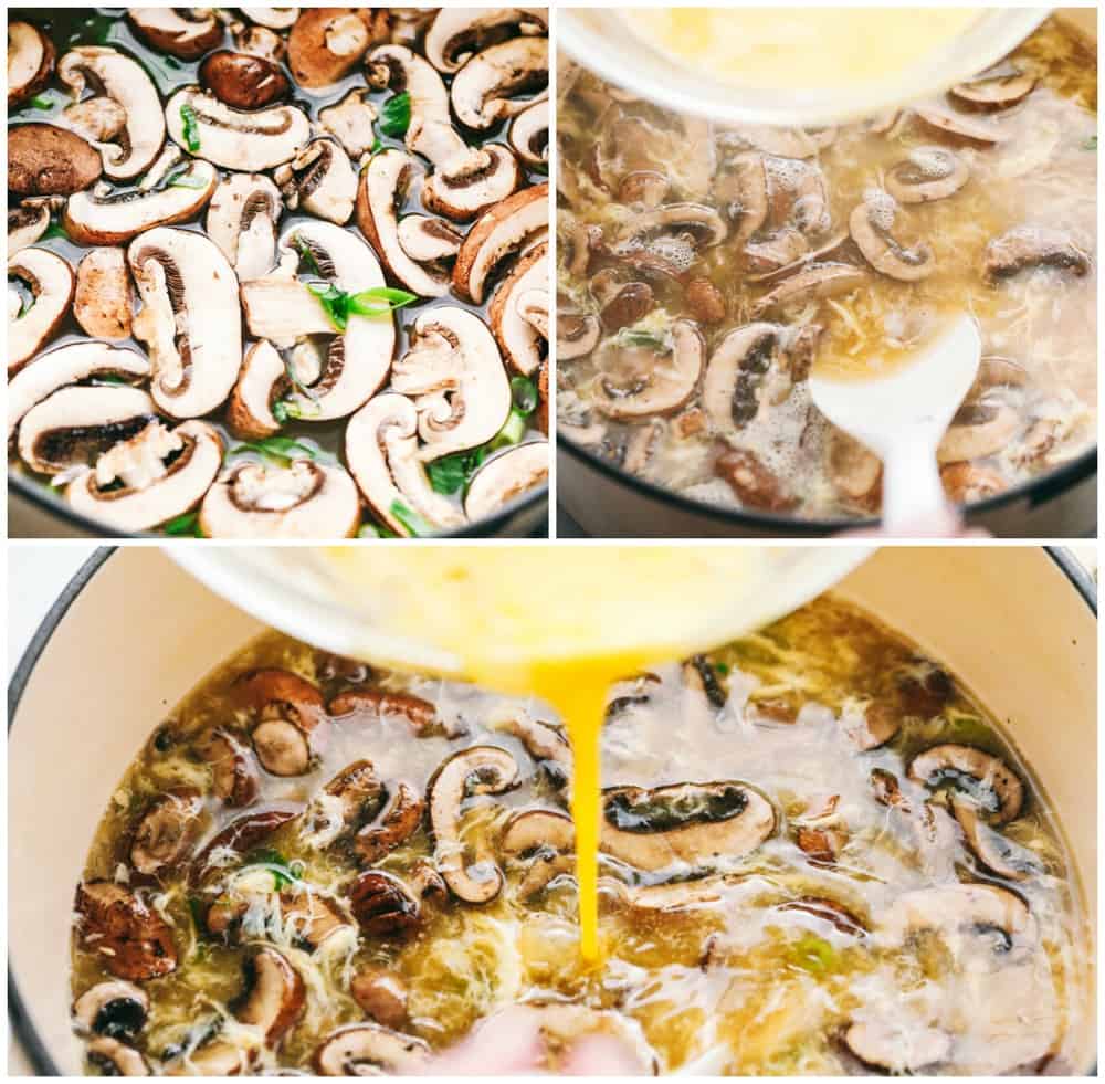 Egg Drop Soupย is a warm,ย thickened broth, with rich flavors of chicken andย beautiful eggย ribbons throughout.ย Enjoy this savory, simple to make soup recipe that comes together in just 15 minutes. Process photos showing how to add the ingredients into a pot.