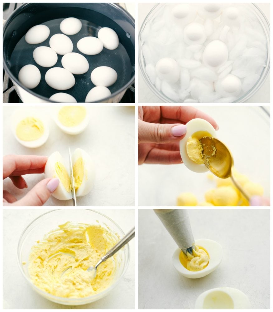 Classic Deviled Eggs are a favorite appetizer for parties and holiday celebrations. This traditional deviled egg recipe is simple and perfect! The making of deviled eggs by boiling water and then sticking the eggs into the cold bath water. Peeling and cutting the eggs in half then spooning out the yolk and mixing it with mayonnaise and dijon mustard. Lastly, piping it into an egg.
