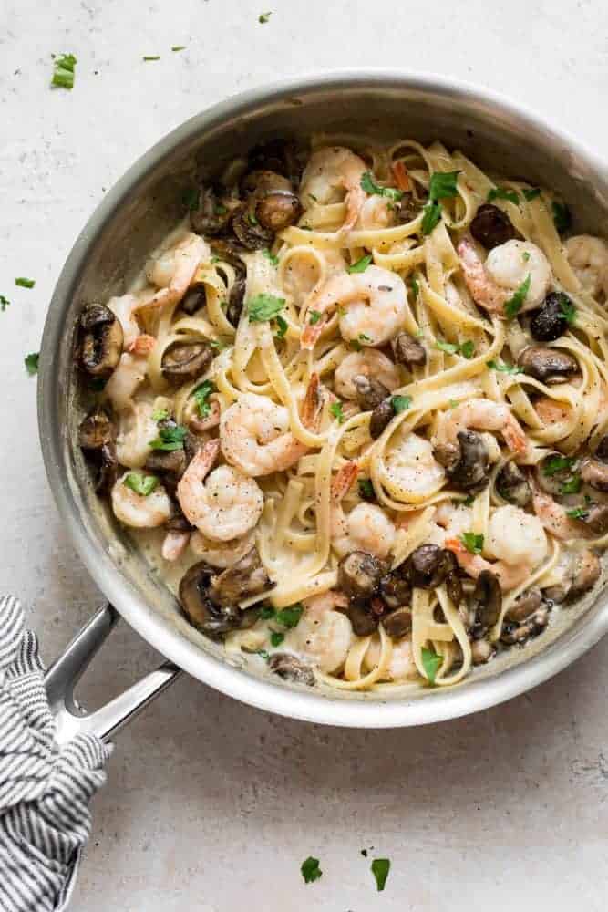 Creamy Shrimp and Mushroom Pasta. Who says weeknight dinners have to be boring? This restaurant-worthy pasta dish can be on your table in under 30 minutes, so you'll have more time to spend with your family. Creamy Shrimp and Mushroom Pasta in a pot.