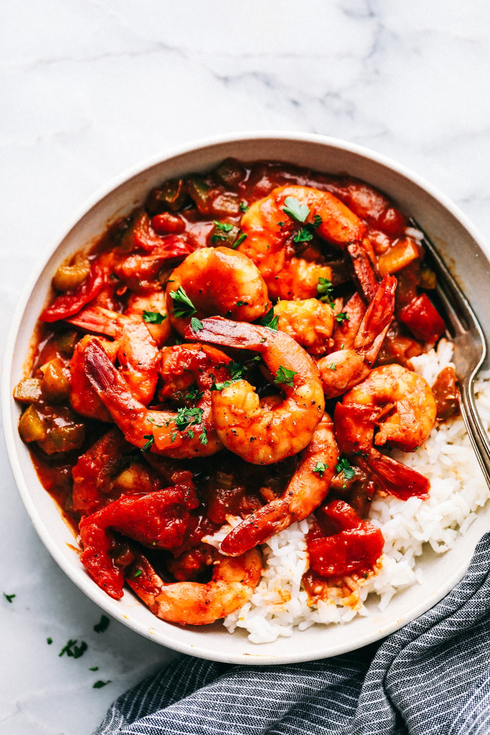 Easy Shrimp Creole is a spicy, chunky tomato and green pepper mixture that coats tender shrimp to make a hearty family meal done right! Your family will be jazzing during dinner with this classic southern meal! Easy Shrimp Creole in a bowl.