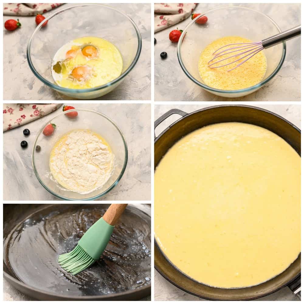 German Oven Pancake is a hot and puffy golden pancake that only requires 5 minutes of prep! This classic breakfast is always a huge hit at our house! The process of making German pancakes in each photo. First whisk together eggs, add flour and other ingredients then butter a pan and pour the batter into the pan.