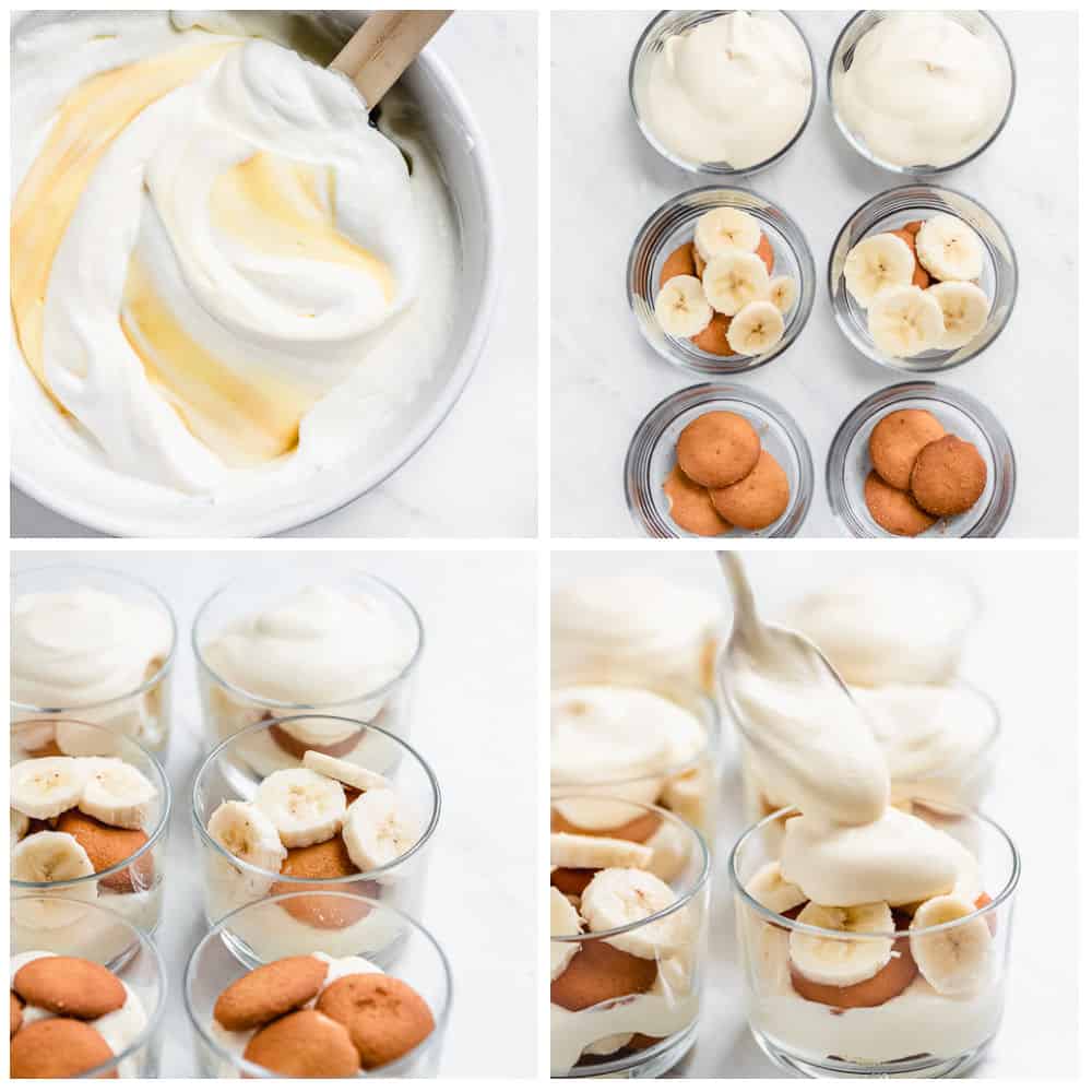 Magnolia Bakery Banana Pudding is a heavenly dessert made up of layers of creamy vanilla pudding, bananas, and Nilla Wafers. It's just like the famous New York City's Magnolia bakery recipe! There is a reason why it's so famous; it's seriously so good! There are four process shots of making the recipe. The first shows the pudding and whipped cream being mixed. The second shows the individual cups being filled with cookies, bananas, and pudding. The third shows the layered individual cups. The fourth shows someone scooping the pudding mixture on top of all the layers.
