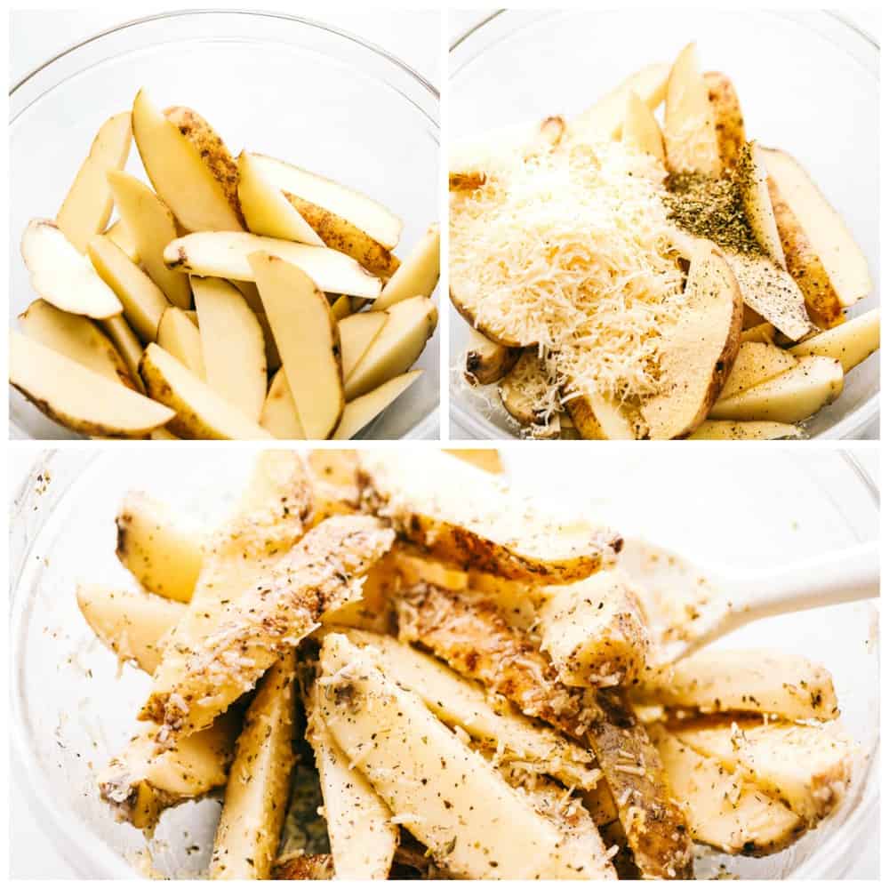 Baked parmesan garlic potato wedges are so incredibly easy and have the best savory flavor! These crispy wedges are roasted to perfection and guaranteed to be a huge hit. Grab your favorite dipping sauce and enjoy! 3-photo collage of the potato slices being prepared.