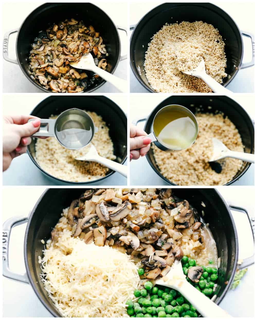 Mushroom Risottoย is soft short-grained rice that is cooked in broth with flavorful button mushrooms and sweet peas. The flavor combination is incredible and it's the perfect side dish for any protein! Process photos showing the mushrooms being cooked, then the rice and the broth added, then the final touches.