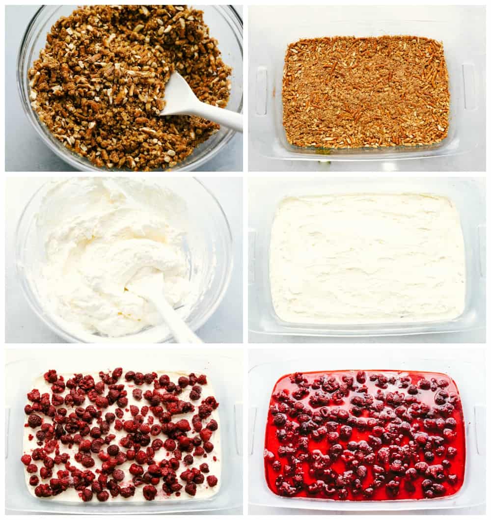 The Famous Raspberry Pretzel Salad is a classic sweet and savory dessert or side salad that everyone goes wild over. Plump raspberries, creamy whipped topping and a crunchy caramelized pretzel layered together making this a real treat! Steps to make raspberry pretzel salad.