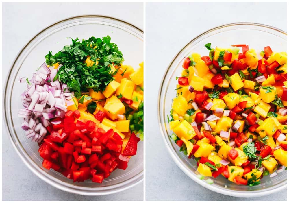 Fresh and Easy Mango Salsa is a colorful dish that is packed with juicy mangos, crunchy red onions and bell peppers, a little spice from a jalapeño and cooled down with a squeeze of fresh lime juice flavor! Enjoy this sweet and savory salsa this mango season. Mango salsa ingredients before and after they are mixed.