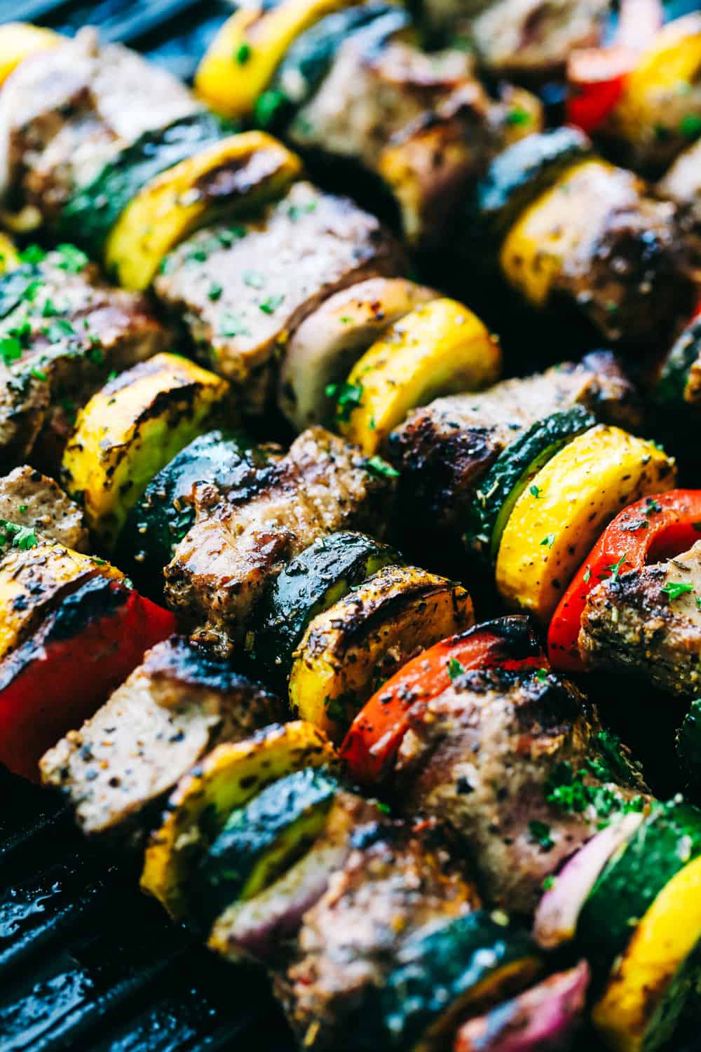 Grilled Tuscan Pork Skewersย are made with tender pork tenderloin cubes that are loaded with flavor, paired with fresh, summertime vegetables that enhance texture and flavor that will leave your tastebuds wanting more. This recipe will take your grilling to the next level this summer! Grilled Tuscan Pork Skewersย close up