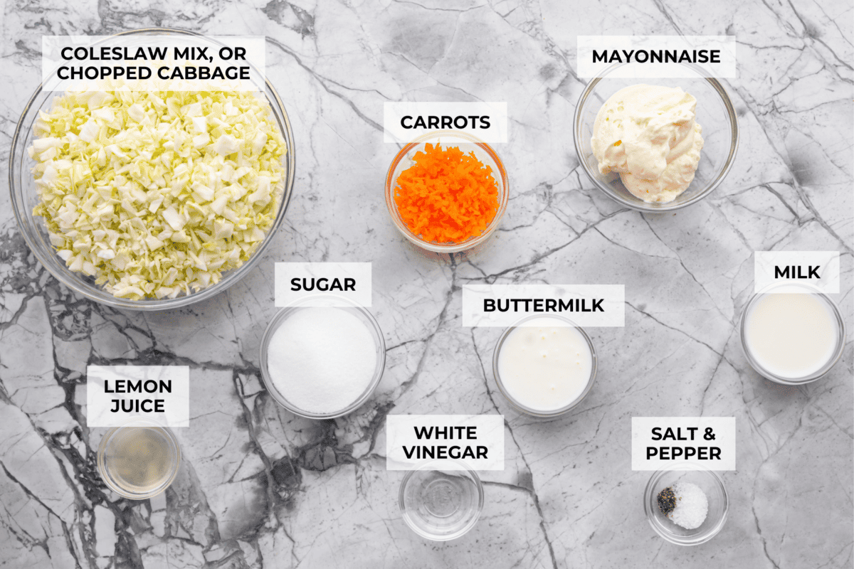 My Copycat KFC Coleslaw is so spot-on, youโll think itโs the real deal! Crunchy, creamy, tangy, and perfect for any BBQ, everyone will want the recipe! Overhead shot of labeled ingredients.