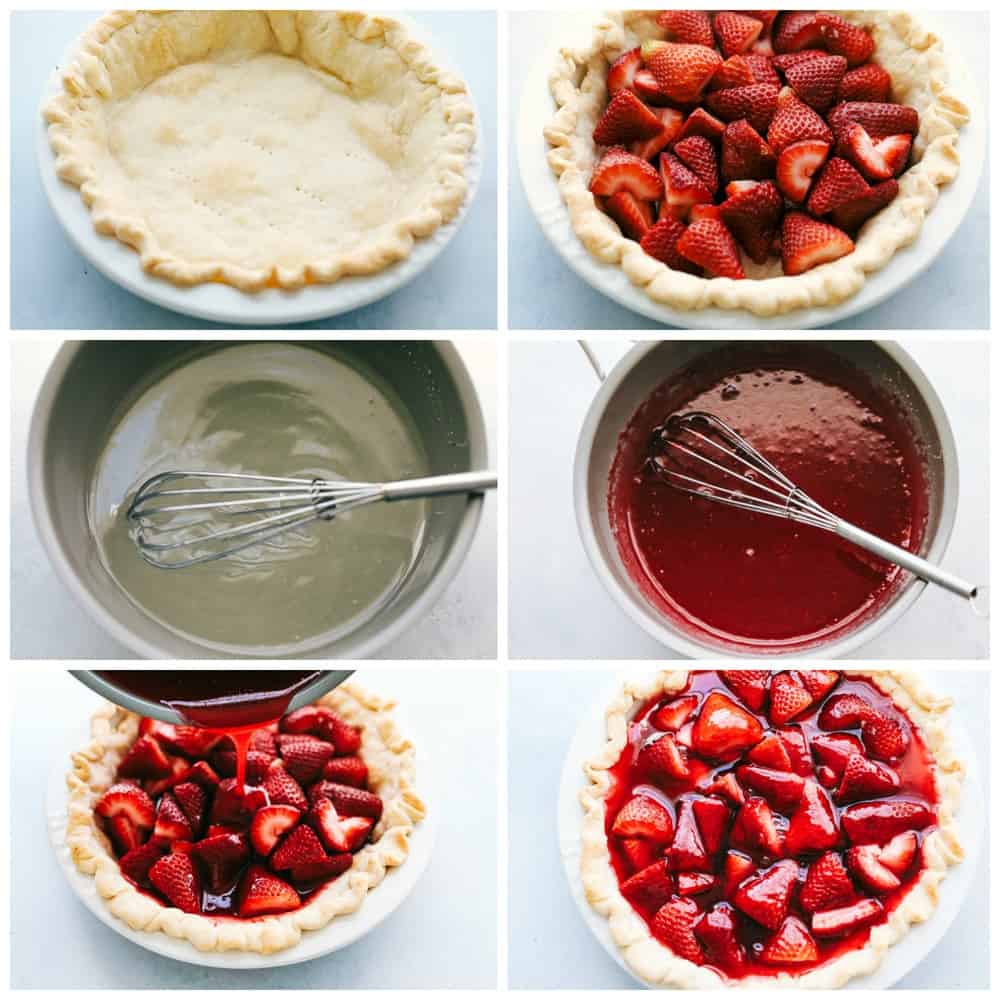 This easy and fresh strawberry pieย features sweet, juicy strawberries, and a flaky, homemade crust all covered in juicy berry glaze. 6-photo collage of each step to make a homemade strawberry pie.