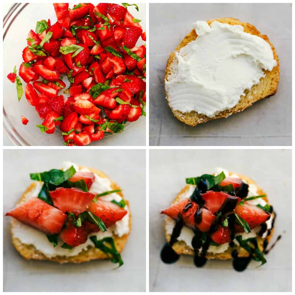 First you will chop up strawberries, then spread the goat cheese on the baguette, then layer the strawberry mixture on top and drizzle with balsamic. Strawberry Bruschetta steps on how to make it