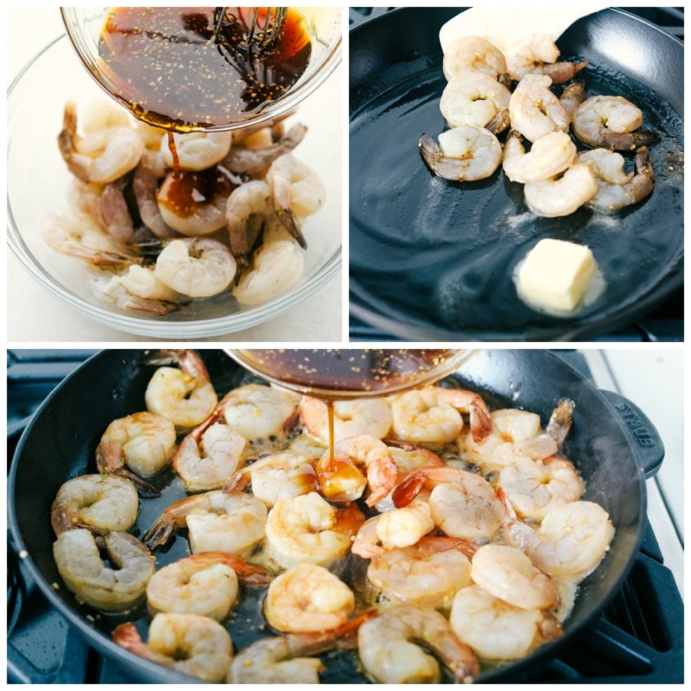 Sticky Honey Garlic Butter Shrimp are coated in the most amazing sticky honey garlic butter soy sauce. This is a quick 20 minute meal that you will make again and again! Making the honey garlic butter sauce and marinated the shrimp in it, then cooking the shrimp in a skillet with butter and pouring the remaining honey garlic butter sauce over top the cooking shrimp.