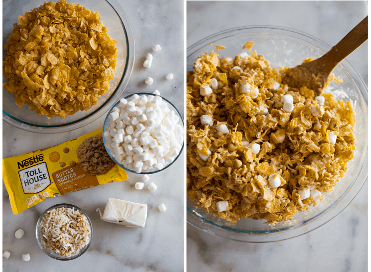No Bake Butterscotch Bars are the perfect fast summer treat! This easy recipe is made with marshmallows, cornflakes, coconut, and butterscotch chips. Steps to make butterscotch bars.