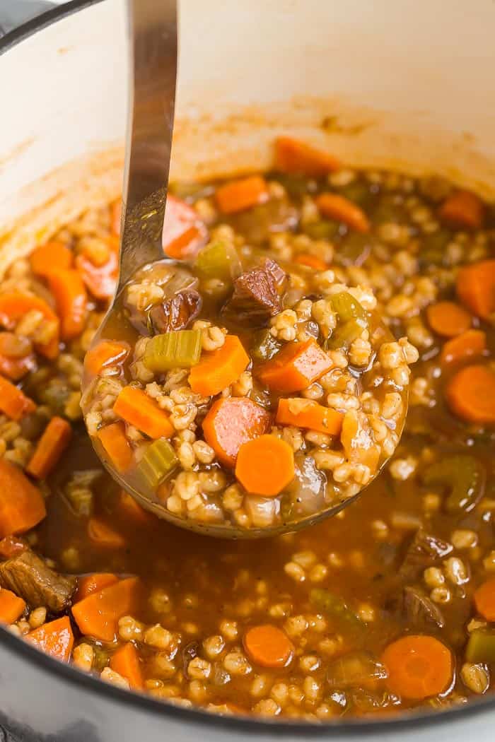 "This beef barley soup in pot