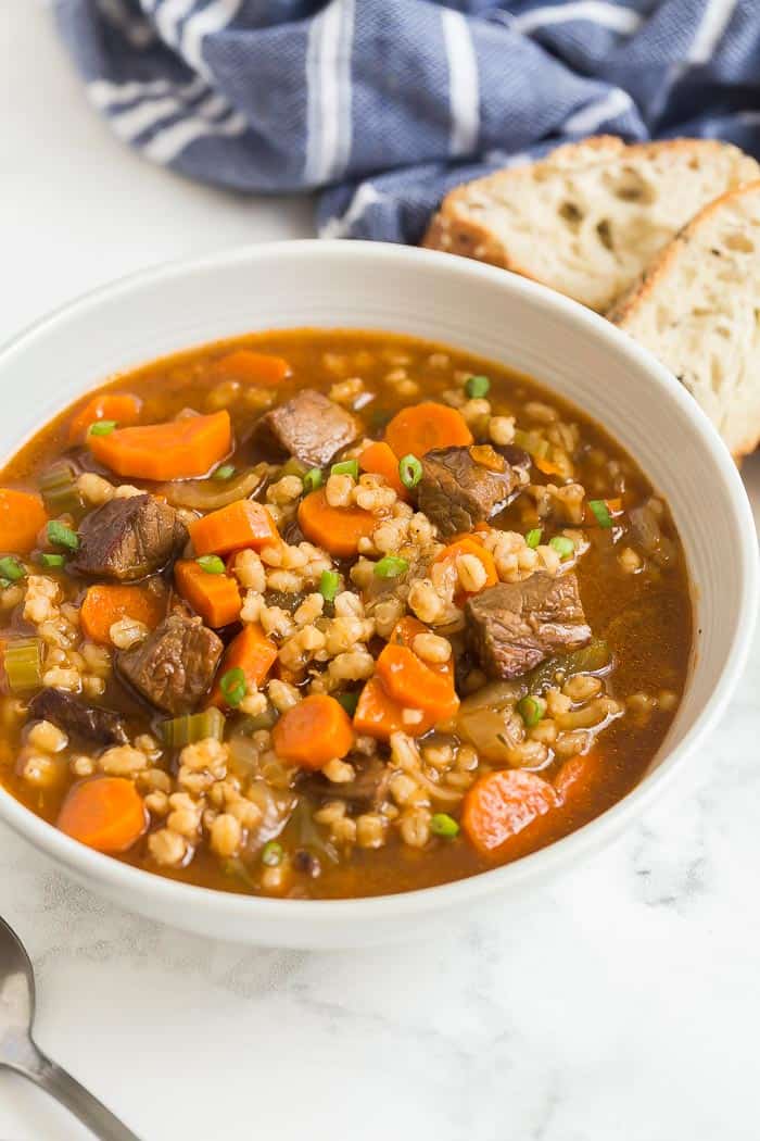 "This beef barley soup in bowl