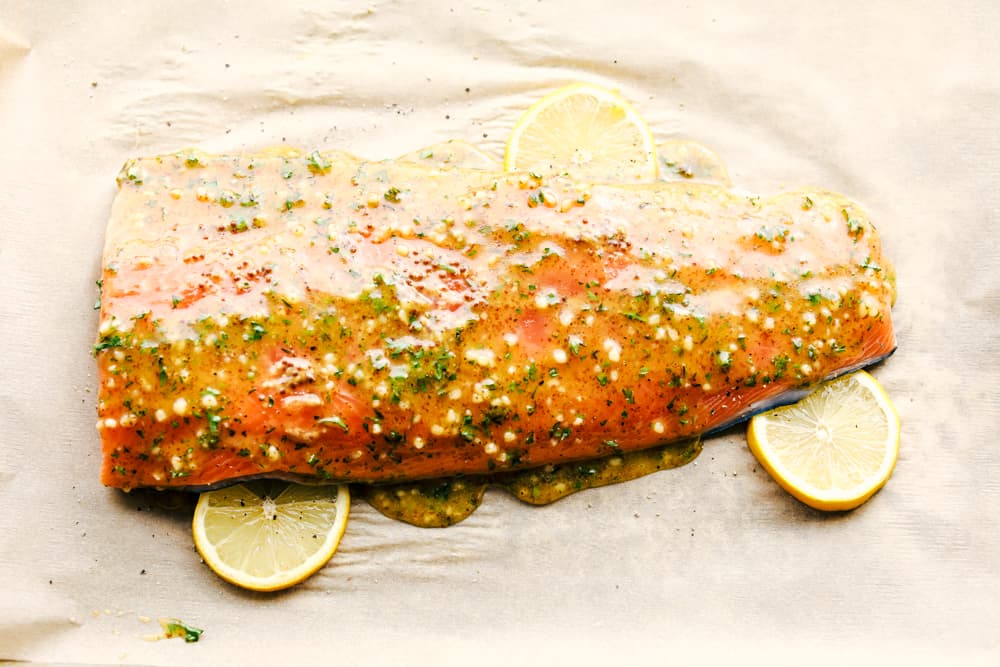 Honey Garlic Dijon Broiled Salmonย seasoned with herbs andย bย that comes together in just 15 minutes and literally has the best flavor ever! The best salmon of my life! honey garlic dijon broiled salmon on a sheet pan