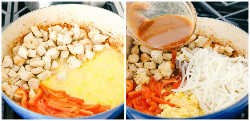 Pad Thai is a popular Thai dish made with rice noodles, chicken, peanuts, scrambled eggs, and bean sprouts, all tossed in a delicious sweet and spicy sauce. It is everyone's favorite! The process of making pad Thai being cooking in a dutch oven on the stove top.