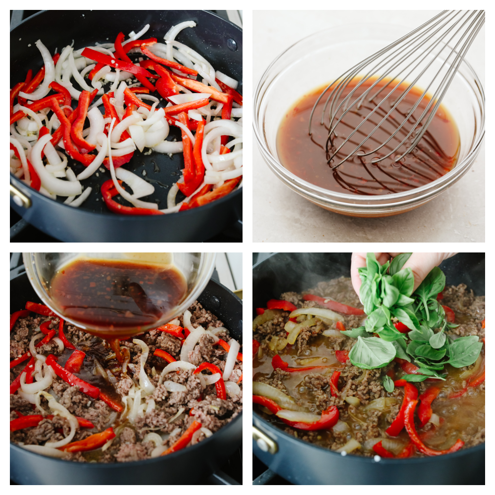 Thai basil beef is simple and delicious! It's made with a homemade Thai sauce that has a bold and brilliant flavor and can be thrown together in less than 30 minutes. It is SOO GOOD! 4 images showing the steps to making Thai basil beef.