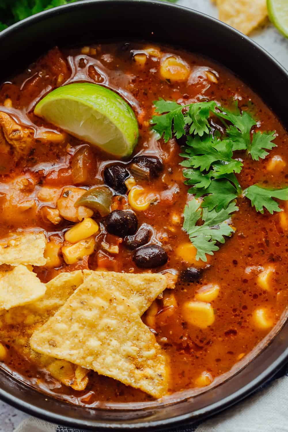 Chicken Tortilla Soup is a hearty Mexican soup that really warms the soul. Topped with fried tortilla chips, its packed with flavour and will be a great addition to your dinner rotation! Closeup of chicken tortilla soup