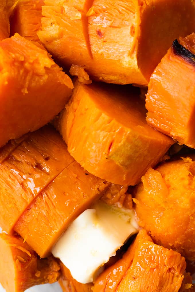 Mashed Sweet Potatoes. These sweet, creamy potatoes are swirled with maple syrup and sprinkled with salt. The salty sweet flavor makes these the BEST side dish recipe! sweet potatoes cooked with butter