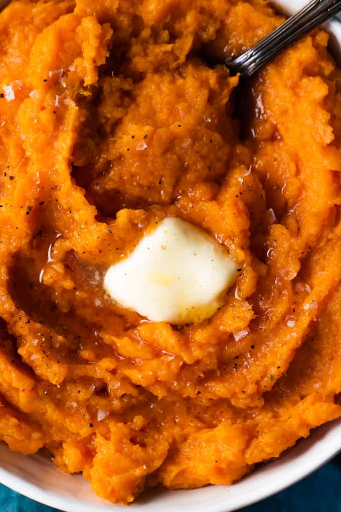 Mashed Sweet Potatoes. These sweet, creamy potatoes are swirled with maple syrup and sprinkled with salt. The salty sweet flavor makes these the BEST side dish recipe! sweet potatoes mashed with butter and seasoning