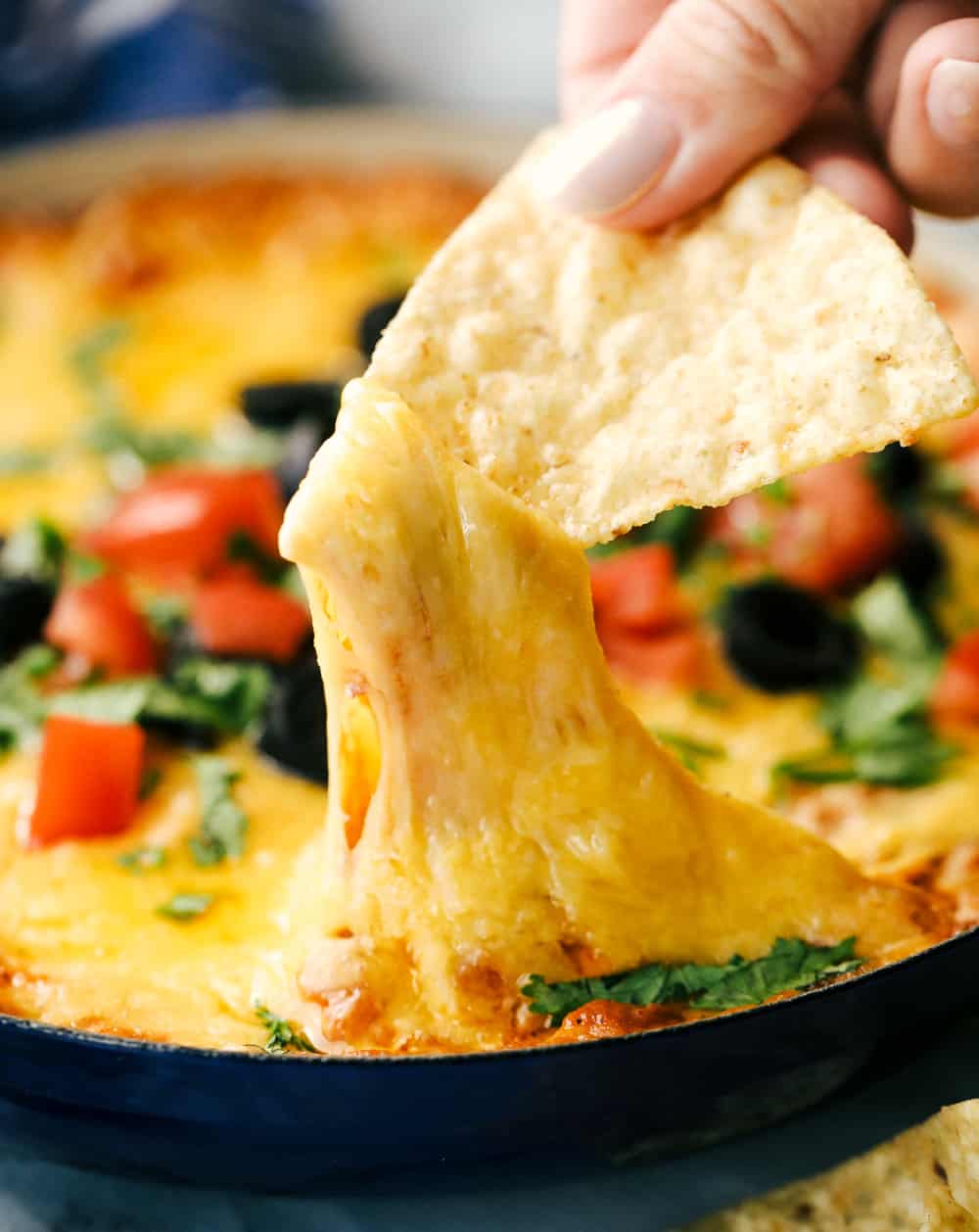 Bring out the chips and start dipping because this is the most addicting bean dip you will ever have! It's creamy, cheesy, and loaded with tasty Mexican-inspired flavors. Garnish with toppings, and take this to your next gathering! Bean dip with a chip dipping into the dip.