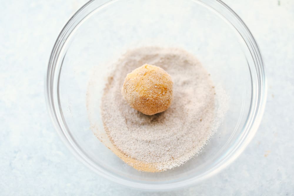 Soft and Puffy Pumpkin Snickerdoodles are made with real pumpkin, fall seasonal spices mixed together and rolled with pumpkin pie spice and aย touch of sugar to add that extra sweetness and fallย flavor! This are a MUST make this fall season! dough rolled in cinnamon and sugar mixture