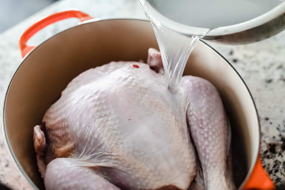 Turkey Brine creates aย tender, moist and juicy turkey withย sweet citrusy flavoring and a hint of spice all submerged in a water bath for your turkey to soak from the inside-out. Make your turkey irresistible this holiday season! Pouring the salted water over the turkey in a pot.