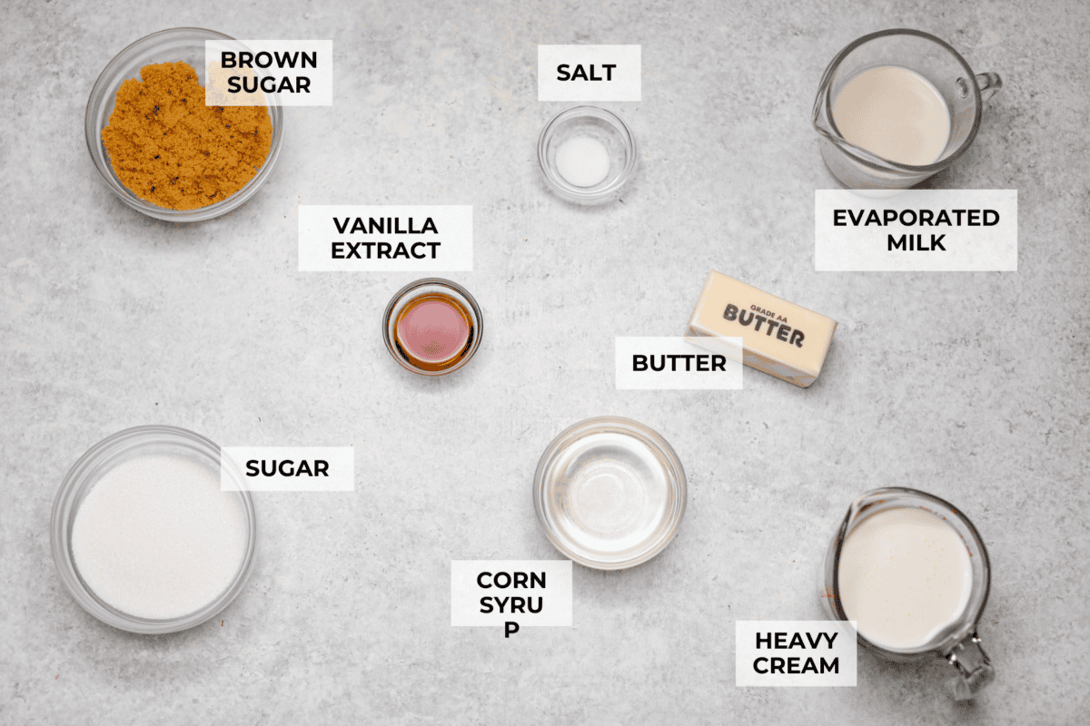 Homemade Caramels are perfectly buttery soft with just the right amount of sweet. They are easy to make and are the perfect neighbor gift for the holiday season. Overhead shot of labeled ingredients.