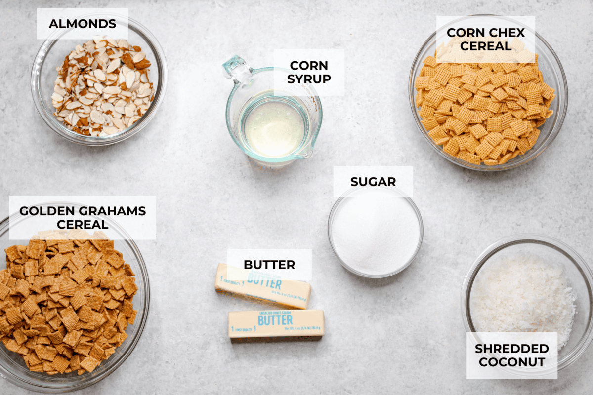 Ooey Gooey Chex Mix is the perfect sweet, salty, and crunchy blend. It has a mixture of cereal, sliced almonds, and shredded coconut, all covered in a soft caramel sugar mixture. This is a must-make for the holiday season! Overhead shot of labeled ingredients.