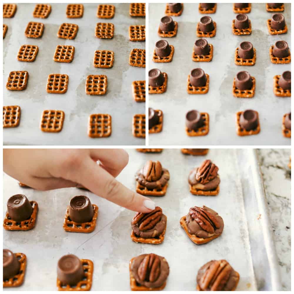 This Rolo Pretzel Turtle Recipe has a hard, salty pretzel layered with a caramel hidden inside a chocolate for a creamy inside topped with a crisp pecan. This salty and sweet treat is perfect for the holidays this season! preparing and making rolo pretzel turtles