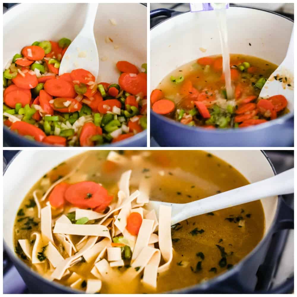 This is literally the BEST chicken noodle soup full of chicken, sliced carrots,ย celery, and tender wide noodles. A classic homemade soup seasoned and cooked to perfection. It's the perfect warm and comforting soup for the winter! First process shot of vegetables cooking in a pot. Second process shot of broth pouring into the pot. Third process shot of noodles added to the pot.