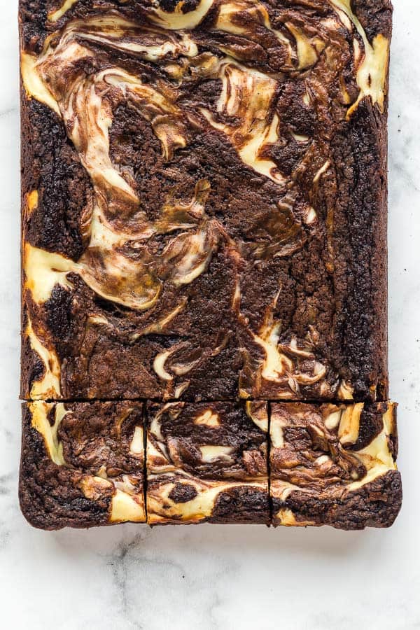 These Cream Cheese Brownies are ultra fudgy, and swirled with cream cheese for the ultimate chocolatey treat! They're freezer friendly and pair perfectly with a big scoop of ice cream. #brownie #chocolate #dessert cream cheese brownies overhead