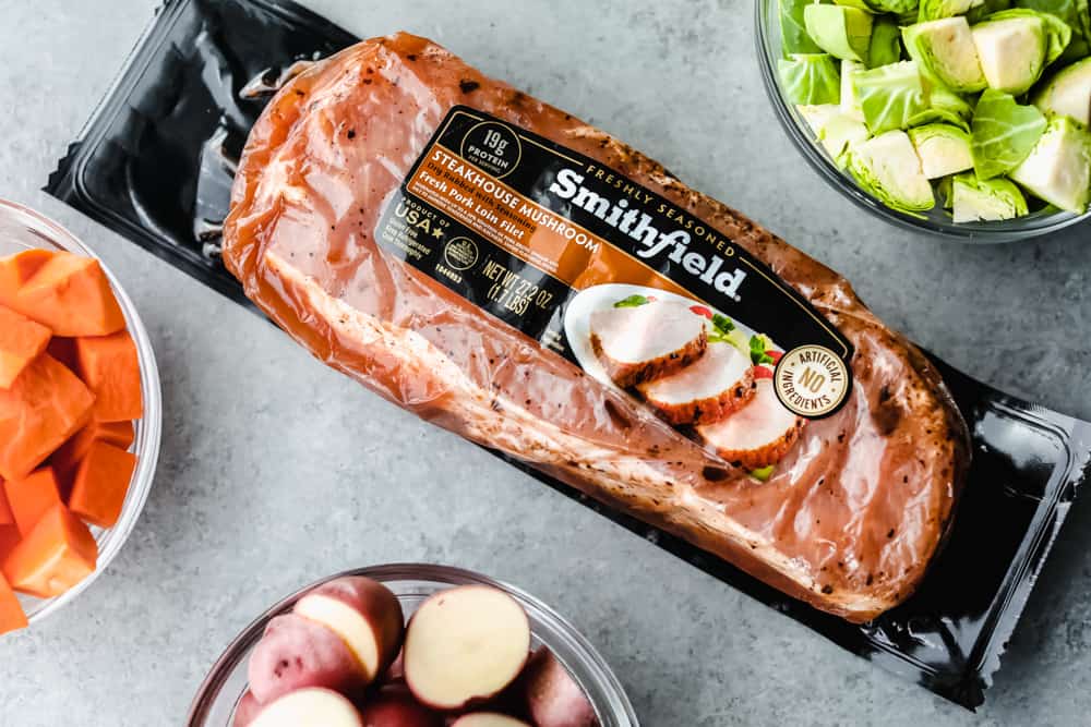 Skillet Pork Chops with Maple Dijon Vegetables is marinated Smithfield Steakhouse Mushroom Flavored Pork cut into pieces andย sautรฉed with tender vegetables covered with aย golden mapleย glaze. All under 30 minutes! Smithfield steakhouse mushroom pork