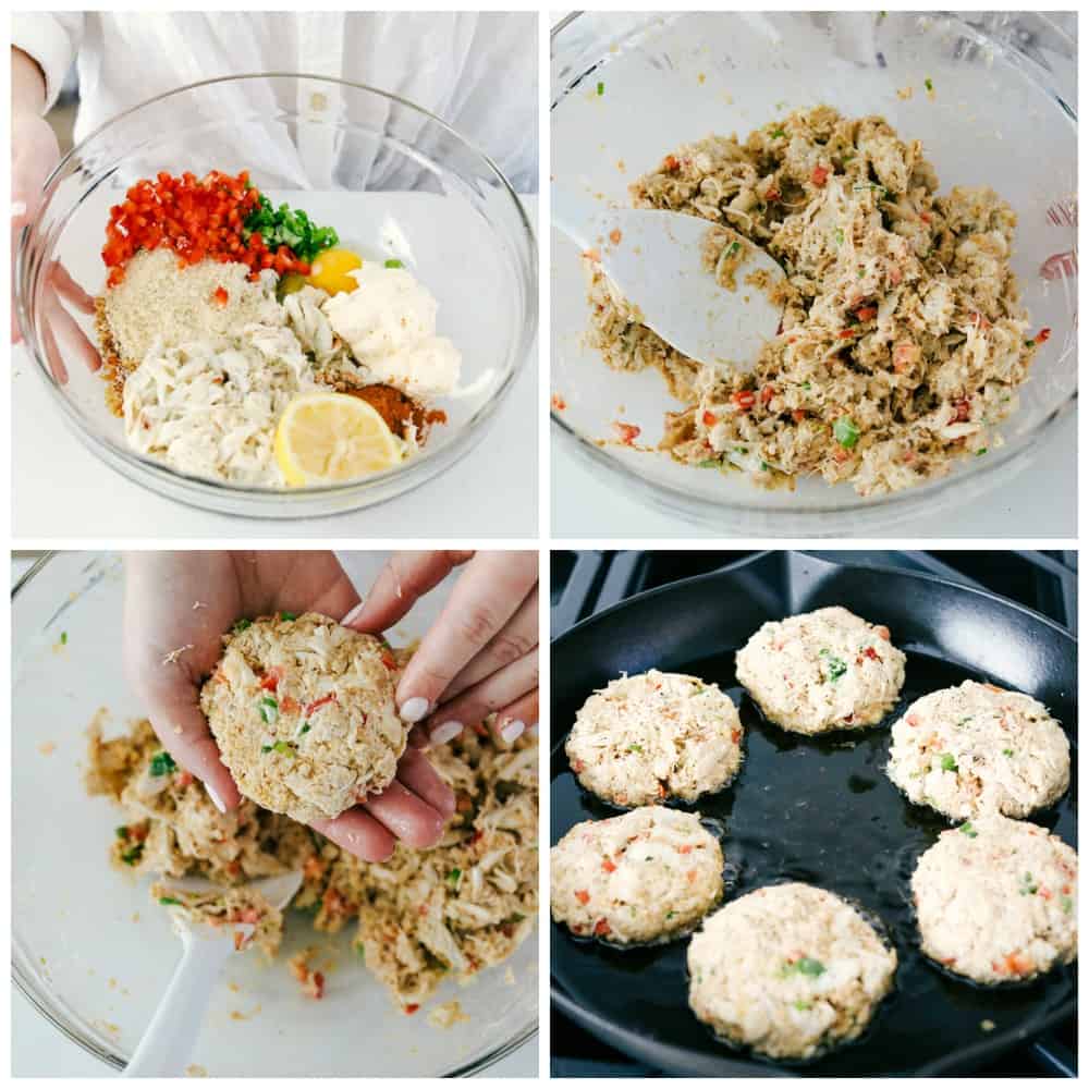 These easy-to-make crab cakes are filled with thick chunks of crab meat mixed togetherย with creamy mayonnaise and sweet red bell pepper, topped off with a kick of red pepperย flakes. The BESTย crab cake recipe you will ever use! The process of making crab cakes from beginning to end.
