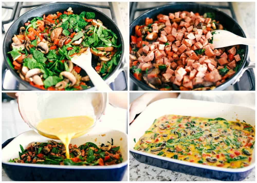 Sausage Mushroom Breakfast Bake is a blend ofย sautรฉed smoked sausage and fresh vegetables, added to a scrambled egg mixture then baked in less that 30 minutes. Thisย breakfast bake is perfect for theย holidays!ย Sausage mushroom breakfast bake process photos of making it.