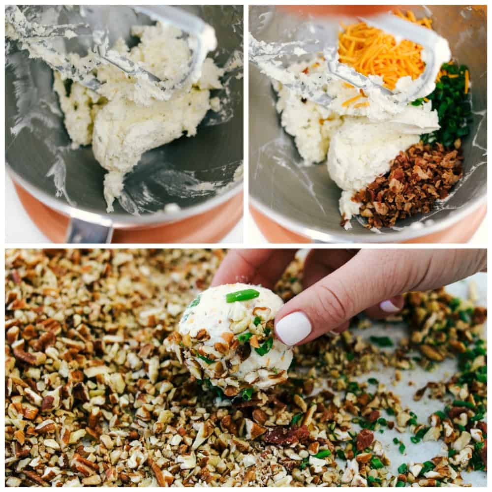 Bacon Ranch Cheese Ball Bites are delicious appetizers loaded with shredded cheese, a pop of color from the green onion, cooked bacon chunks mixed with black olives and pecans all rolled together in a tight ball with a pretzel on top. An elegant appetizer to enjoy this holiday season! mixing the ingredients together then rolling the cheeseball into the nuts.