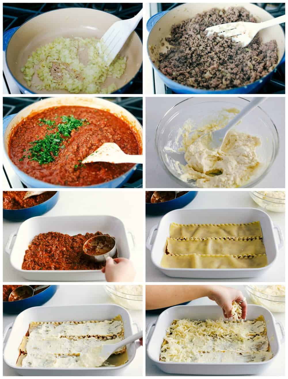 The Best Classic Lasagna Ever has layers of sautéed ground beef and Italian sausage that are cooked together, sweet tomato sauce, Italian seasoning all layered with lasagna noodles then covered in ricotta cheese and a parmesan mixture all sprinkled with mozzarella cheese for a mouthwatering baked Italian dinner. Layers of deliciousness! Step by step process of making lasagna