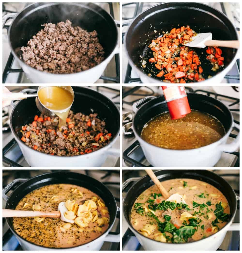 Creamy sausage tortellini soup is thick and creamy with chunks of cooked pork sausage, carrots, buttery kale and three cheese tortellini pasta all cooked in a smooth tomato sauce. This soup will become an instant favorite! Cooking sausage tortellini soup step-by-step.