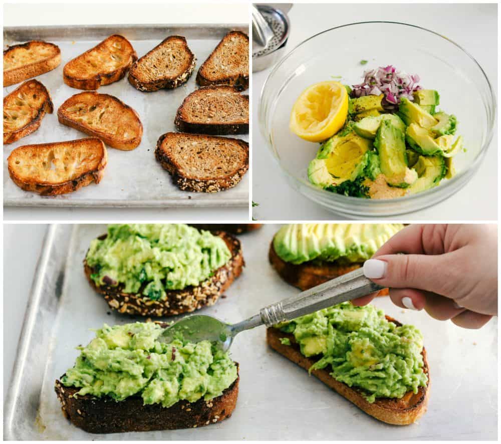 Easy 5 Minute Avocado Toastย is a toasted grain bread with ripe mashed avocados with variations of toppings to make each avocado toast unique and flavorful depending on the time of day. ย Perfect for aย quick breakfast, light lunch or snack! Avocado toast being toasted then mixed together in a bowl and spread over top the toasted bread.